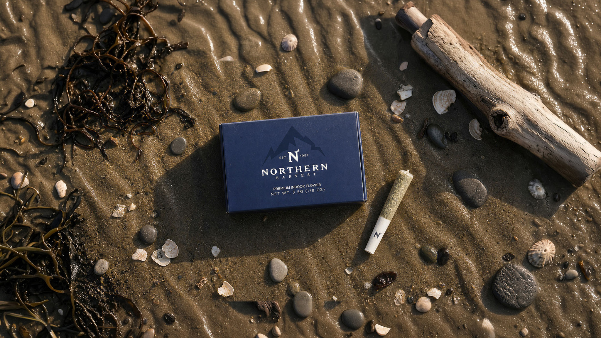 Northern Harvest premium indoor flower box and pre-roll on a Humboldt, California beach